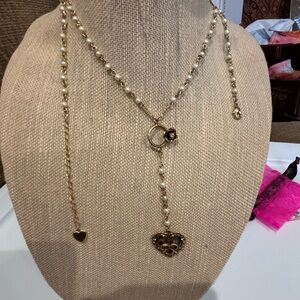 Charming Betsey Johnson Gold and Pearl Necklace and pierced earring set